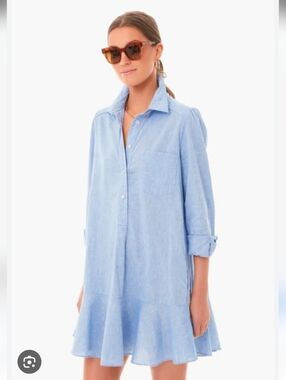 Tuckernuck Callahan Chambray Blue Ruffle Mini Shirt Dress Size M